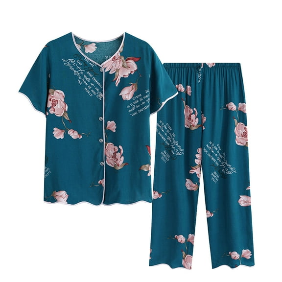 Nrmvnmi Lounge Sets for Women Plus Size Casual Summer Floral Short Sleeved V Neck Button Front Top Shirt Capri Pajama Pants Set Comfortable Breathable 2 Piece Sets Green 4XLMothers Day Gifts