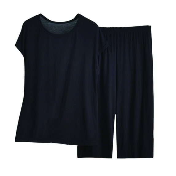 Nrmvnmi Lounge Sets for Women Plus Size Summer Casual Short Sleeved Round Neck Top Shirt Capri Pajama Pants Set Comfortable Breathable 2 Piece Sets Black XLMothers Day Gifts