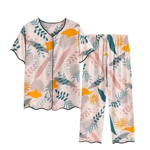 Nrmvnmi Lounge Sets for Women Plus Size Summer Floral Casual Short Sleeved V Neck Button Front Top Shirt Capri Pajama Pants Set Comfortable Breathable 2 Piece Sets Pink 4XLMothers Day Gifts