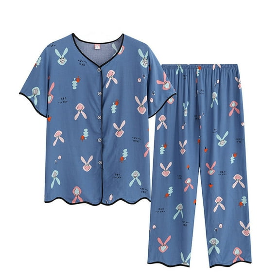 Nrmvnmi Lounge Sets for Women Plus Size Summer Floral Casual Short Sleeved V Neck Button Front Top Shirt Capri Pajama Pants Set Comfortable Breathable 2 Piece Sets Blue XLMothers Day Gifts