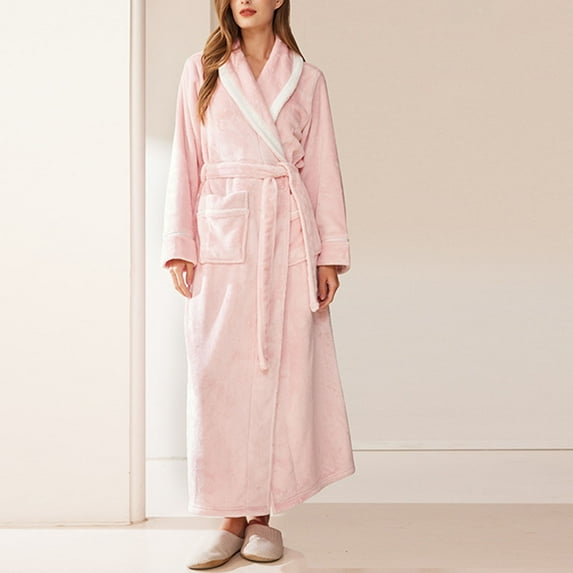 Nrmvnmi Men Women's Solid Color Flannel Bathrobe Pajama Thick Long Sleeve Flip Collar Nightgown With Pockets Belt Plush Soft Long Spa Robes Warm Comfortable Loungewear