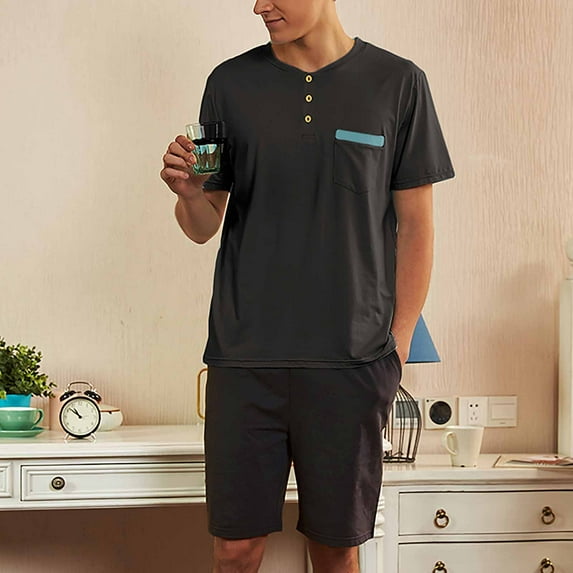 Nrmvnmi Men's Cotton Pajama Set Shorts Sleeves Sleepwear 2 Pieces Comfy Nightwear Pj Sets with Pocket