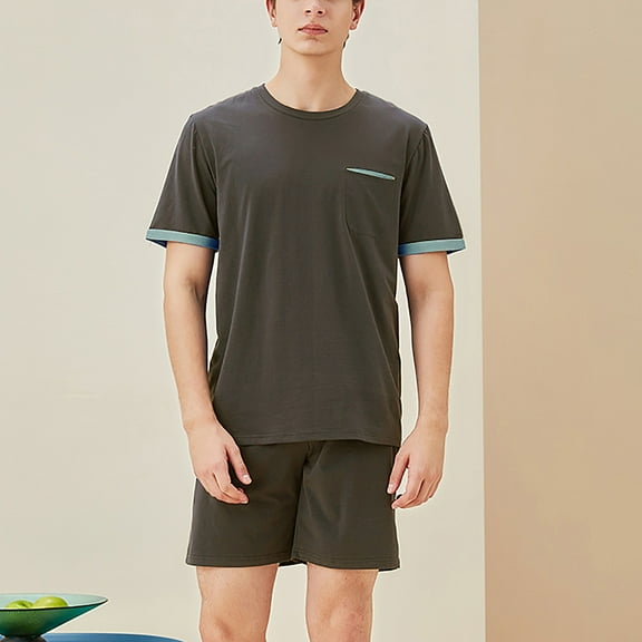 Nrmvnmi Men's Cotton Pajama Set Shorts Sleeves Sleepwear 2 Pieces Comfy Nightwear Pj Sets with Pocket