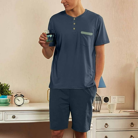 Nrmvnmi Men's Cotton Pajama Set Shorts Sleeves Sleepwear 2 Pieces Comfy Nightwear Pj Sets with Pocket