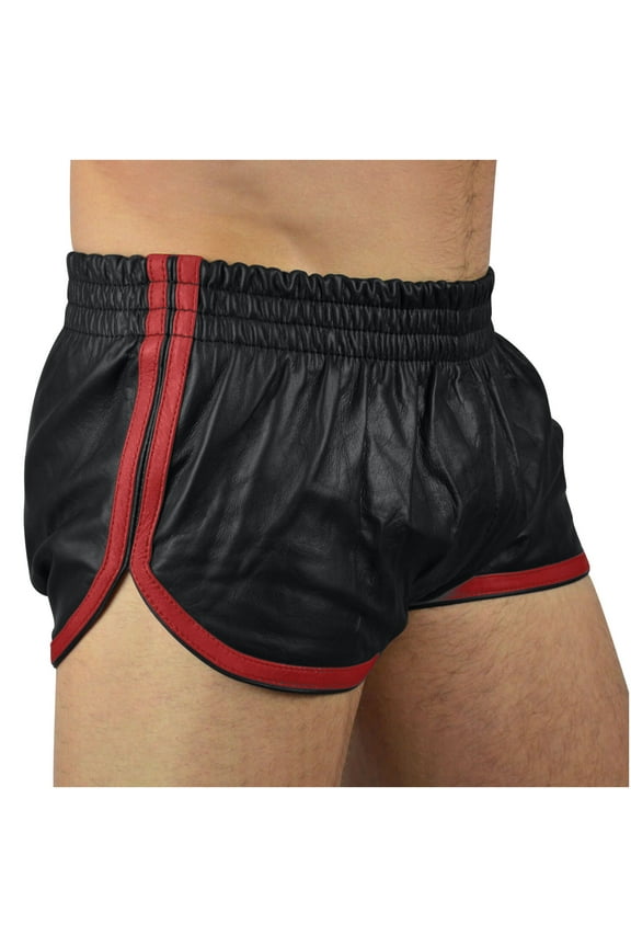 Men's Faux Leather Workout Shorts Square Cut Swimsuit Brief Side Split Sport Shorts Father's Day Gifts For Dad ,4th of July Gifts for Men