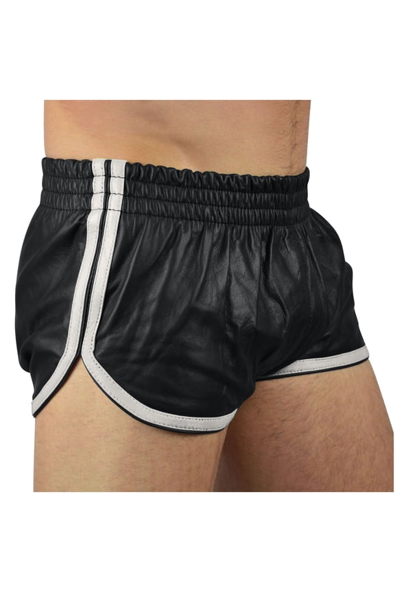 Men's Faux Leather Workout Shorts Square Cut Swimsuit Brief Side Split Sport Shorts Father's Day Gifts For Dad ,4th of July Gifts for Men