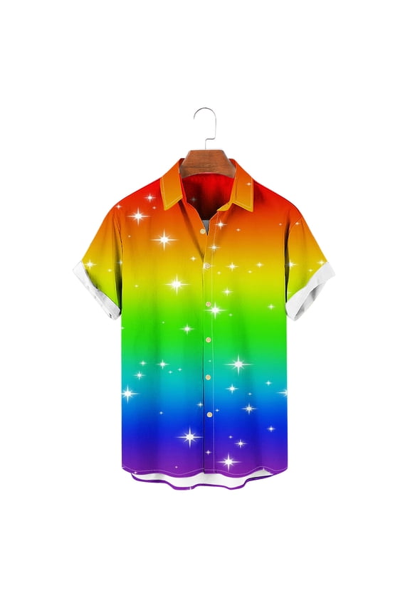 Men's Hawaiian Floral Rainbow Prints Shirts Cotton Linen Button Down Tropical Holiday Beach Shirts Independence Day