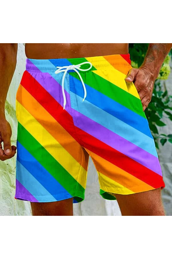 Men's Hawaiian Rainbows Color Beach Shorts Elastic Waist Drawstring Lightweight Summer Casual Shorts with Pocket Father's Day Gifts For Dad ,4th of July Gifts for Men