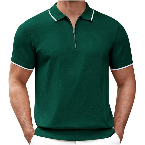 Nrmvnmi Men's Summer Solid Color Zipper Collared Shirt Casual Short Sleeve T Shirt Classic Shirts Green 2XLMothers Day Gifts