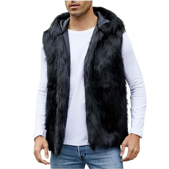 Nrmvnmi Men's Warm Faux Fur Hooded Solid Color Waistcoat Short Vest Jacket Coat Sleeveless Outwear Black L