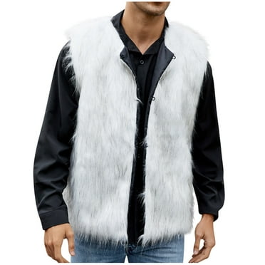 Nrmvnmi Men's Warm Faux Fur Hooded Solid Color Waistcoat Short Vest Jacket Coat Sleeveless Outwear White L