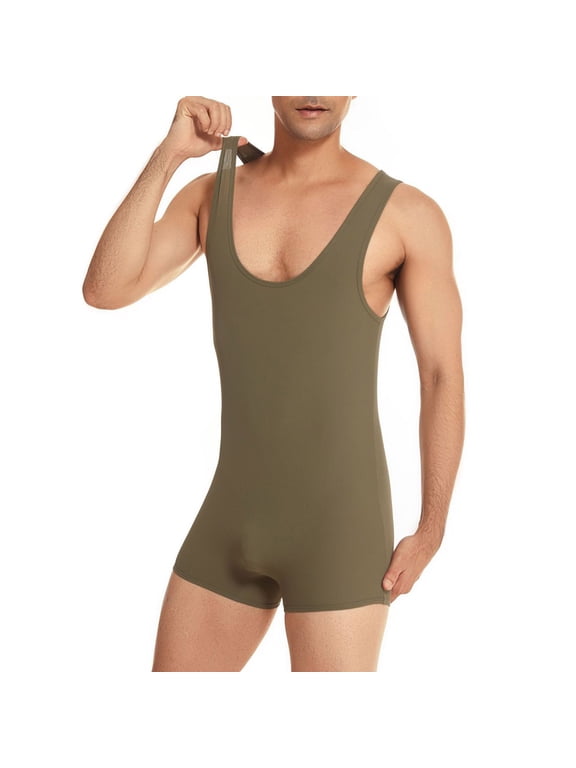 Men's Wrestling Singlets Sleeveless Athletic Supporters Wrestling Uniform Sports Bodysuit Jumpsuits for Fun Olive Green-L