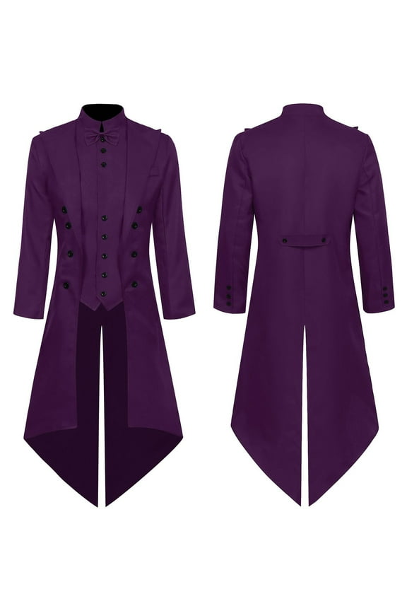 Mens Vintage Victorian Steampunk Jacket Solid Color Gothic Renaissance Frock Coat Long Costume Tailcoat With Bowknot Neck Purple