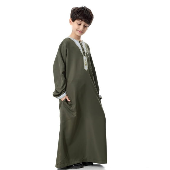 Nrmvnmi Muslim Robe for Boys Long Sleeve Button Down Neck Saudi Arab Kaftan Islamic Button Dubai Robes With Pockets