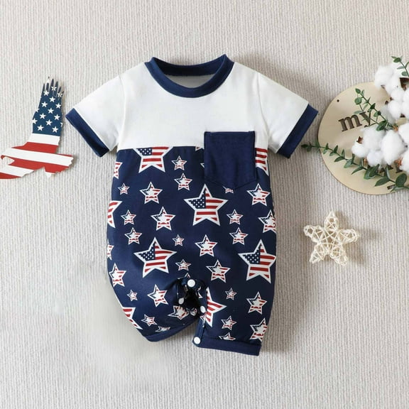Nrmvnmi Newborn Baby Boy Girl 4th of July Romper American Flag Star Stripe Short Sleeve Cotton Jumpsuit Patriotic Clothes For 0-24 Months