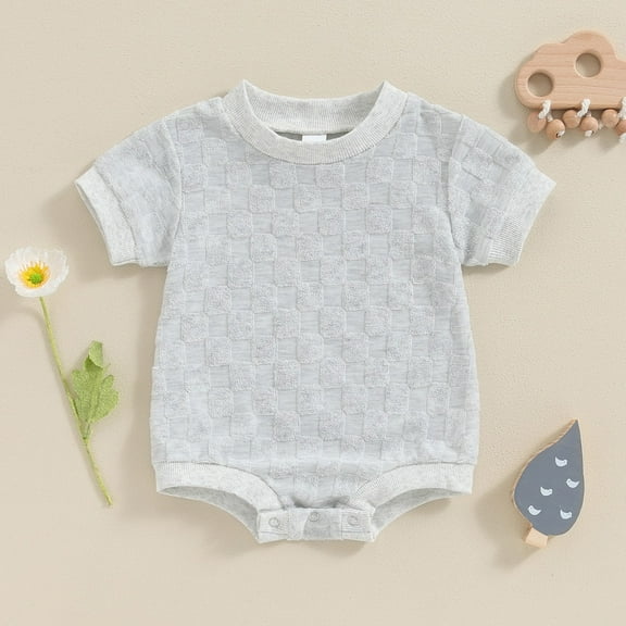 Nrmvnmi Newborn Baby Boy Girl Clothes Checkered Cotton Bubble Romper Short Sleeve Onesie One-Piece Summer Outfit For 0-18 Months