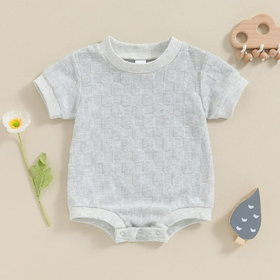 Nrmvnmi Newborn Baby Boy Girl Clothes Checkered Cotton Bubble Romper Short Sleeve Onesie One-Piece Summer Outfit For 0-18 Months