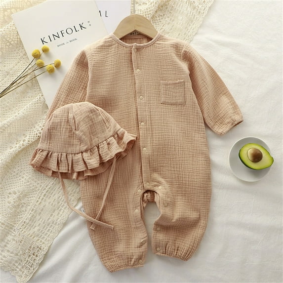 Nrmvnmi Newborn Baby Boy Girl Cotton Linen Jumpsuit Outfits Round Neck Long Sleeve Solid Color Romper + Ruffle Hat 2 Pcs Set