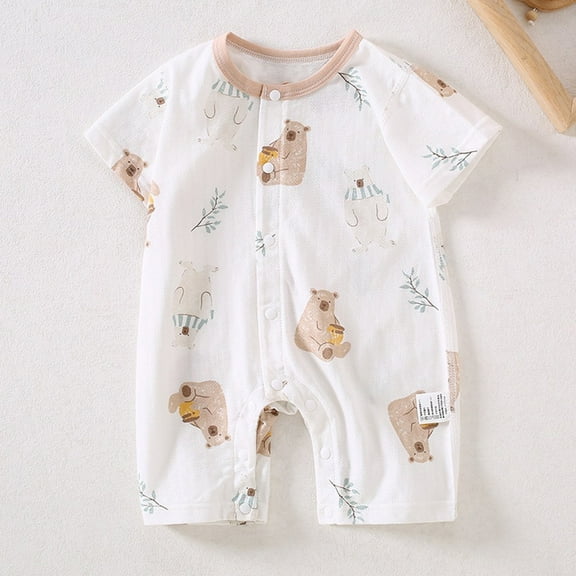 Nrmvnmi Newborn Baby Boys Girls Bodysuit Cute Bear Print Round Neck Short Sleeve Jumpsuits with Button Cotton Rompers Overall For 0-24 Months