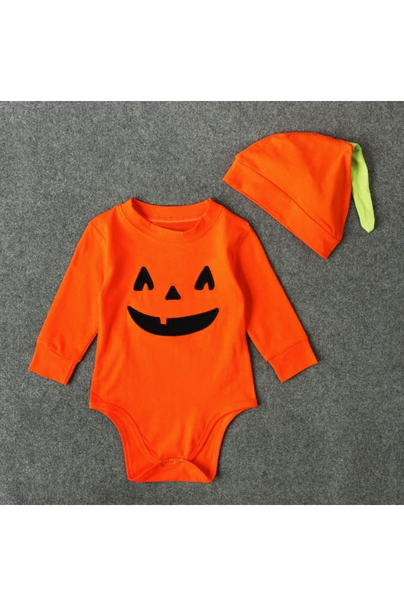 Newborn Baby Boys' Girls' Halloween Romper Pumpkin Bodysuit Smile Graphic Print Crew Neck Long Sleeve Halloween Clothings With Hat Cotton Warm Comfortable Clothings
