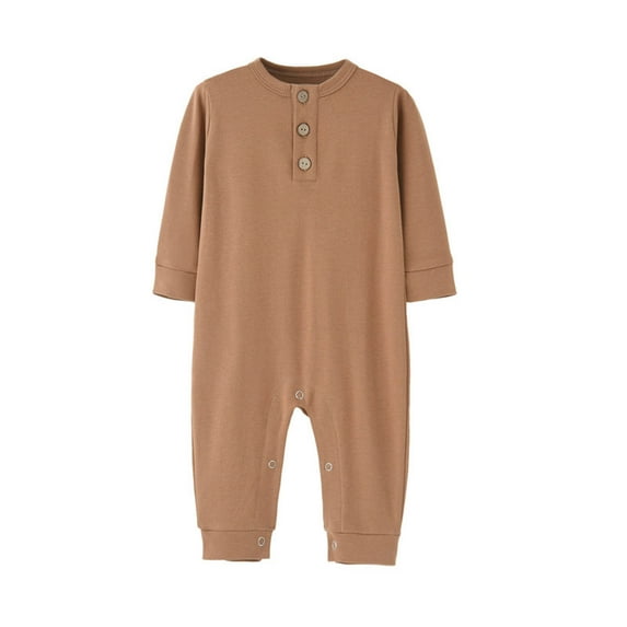 Nrmvnmi Newborn Baby Boys Girls One Piece Romper With Mitten Cuffs Long Sleeve Ribbed Button Jumpsuit Outfit Clothes Coffee-9 Months
