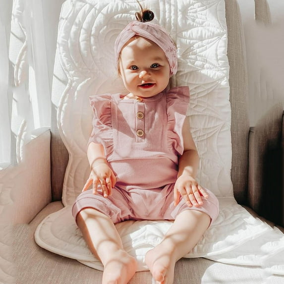 Nrmvnmi Newborn Baby Boys Girls Rompers Outfits Solid Color Button Down Neck Sleeveless Cotton Bodysuit + Headband 2 Pcs Set