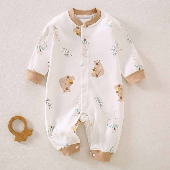 Nrmvnmi Newborn Baby Boys Girls Rompers Round Neck Cute Graphic Printed Long Sleeved Pants Jumpsuits Toddler Button Jumpsuits Casual Loose Comfortable Baby Jumpsuits