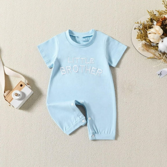 Nrmvnmi Newborn Baby Boys Romper Clothes Little Brother Romper Short Sleeve Round Neck Cotton Jumpsuits One Piece Outfit For 0-18 Months