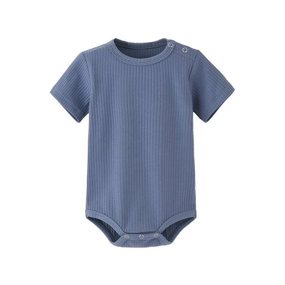Nrmvnmi Newborn Baby Girl Boy Basic Romper Cotton Solid Color Short Sleeve Striped Plain Bodysuit Clothes Ideal Gift Blue-6 Months