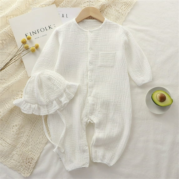 Nrmvnmi Newborn Baby Girls Boys Rompers Pajamas Solid Color Jumpsuit Crew Neck Long Sleeve Pants Button Down One-Piece Sleepwear Comfortable Cotton Nightwear Loungewear With Hat
