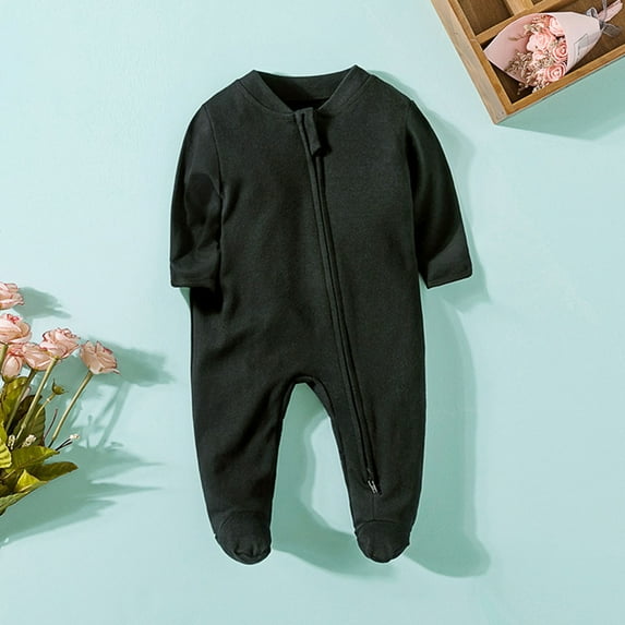 Nrmvnmi Newborn Baby Girls Boys Rompers Pajamas Solid Color Jumpsuit Crew Neck Long Sleeve Pants Zipper One-Piece Sleepwear Comfortable Cotton Nightwear Loungewear