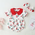 thumbnail image 1 of Nrmvnmi Newborn Infant Baby Girls Jumpsuit Outfits Cherry Print Short Sleeve Peter Pan Collar Floral Romper Bodysuit + Hairband 2 Pcs Set Casual Clothes, 1 of 9