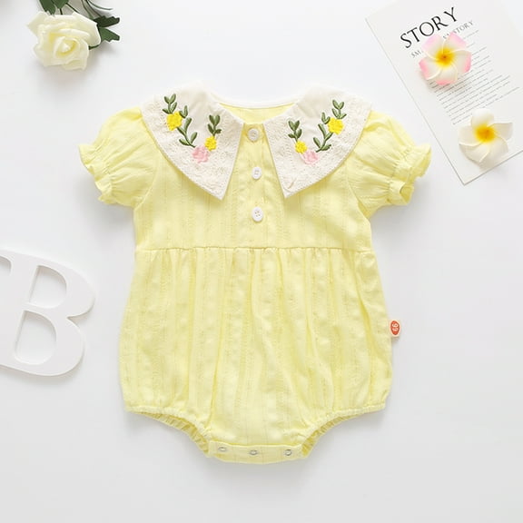Nrmvnmi Newborn Infant Baby Girls Jumpsuit Solid Color Short Sleeve Peter Pan Collar Floral Romper Bodysuit Casual Clothes