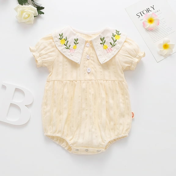 Nrmvnmi Newborn Infant Baby Girls Jumpsuit Solid Color Short Sleeve Peter Pan Collar Floral Romper Bodysuit Casual Clothes