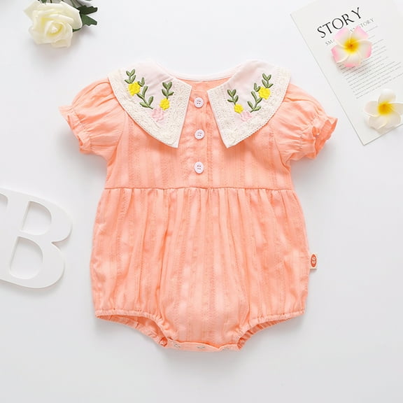 Nrmvnmi Newborn Infant Baby Girls Jumpsuit Solid Color Short Sleeve Peter Pan Collar Floral Romper Bodysuit Casual Clothes