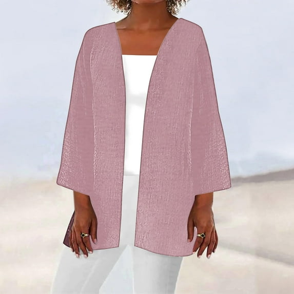 Nrmvnmi Open Front Cardigans for Women 2024 Retro Print 3/4 Sleeve Cardigans Lightweight Blouse Tops Coat Casual Duster Jackets Pink