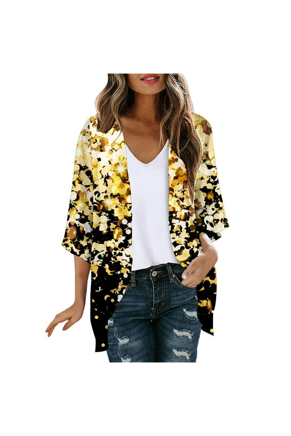 Open Front Cardigans for Women 2024 Retro Print 3/4 Sleeve Cardigans Lightweight Blouse Tops Coat Casual Duster Jackets Yellow
