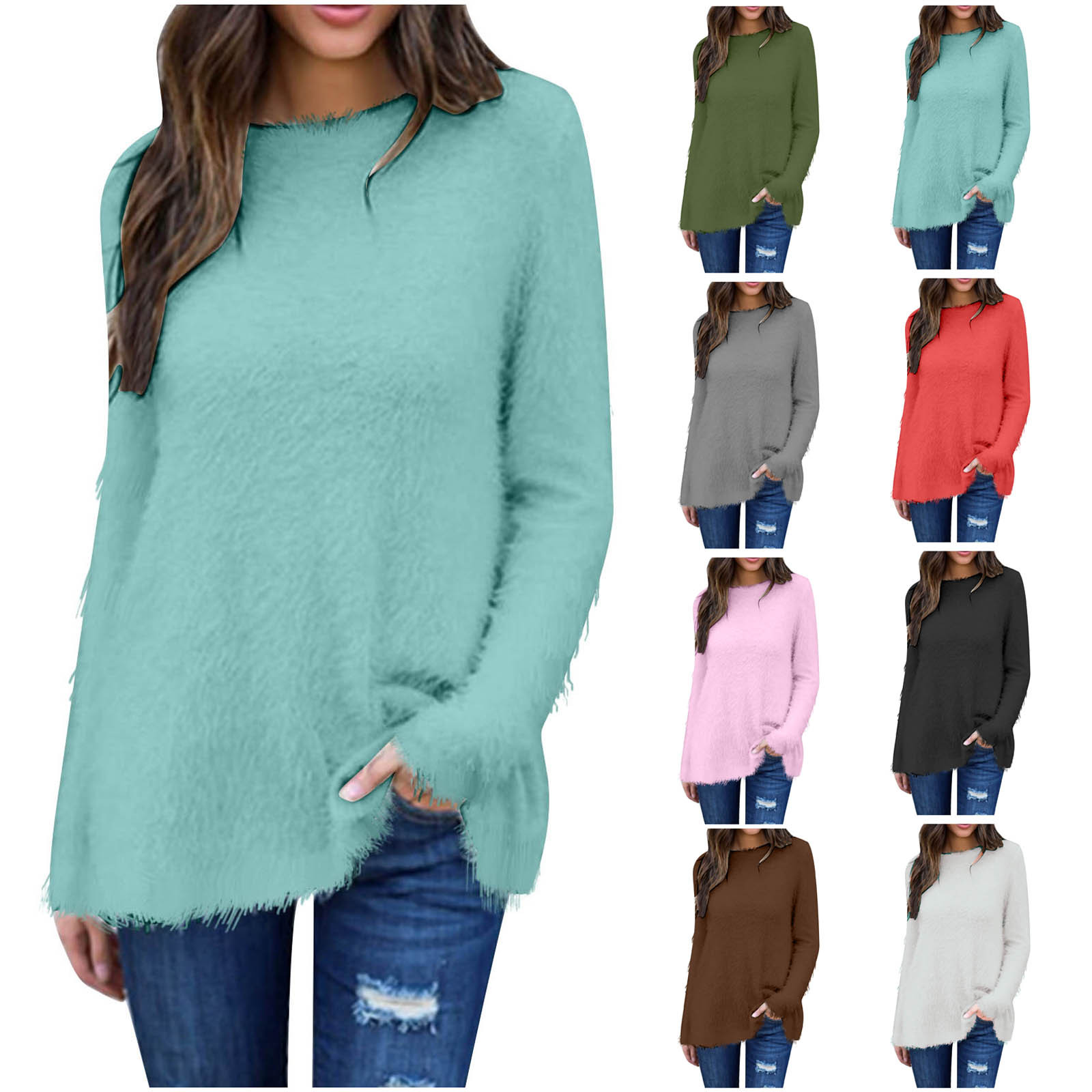 Nrmvnmi Oversized Sweaters for Women Casual Crewneck Fuzzy Fleece