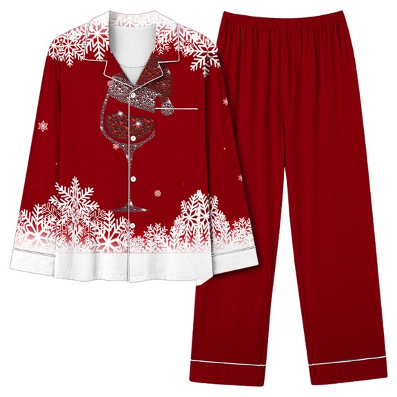 Nrmvnmi Pajama Sets For Women Christmas Graphic Prints Lapel Long Sleeve Button Down Sleepwear Tops With Pocket And Solid Color Elastic Waist Pants Loungewear 2 Piece Sets