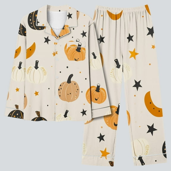 Nrmvnmi Pajama Sets For Women Pumpkin Prints Nightwear Sets Lapel Long Sleeve Button Down Sleepwear Tops With Pocket And High Elastic Waist Ankle Length Pants Loungewear 2 Piece Sets