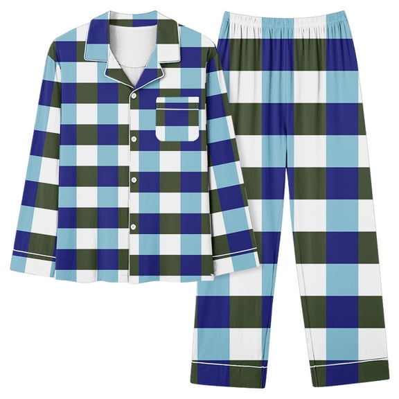 Nrmvnmi Pajamas Sets For Women Color Blocked Plaid Sleepwear Sets Flip Collar Long Sleeved Button Cardigan Tops And Elastic Waist Long Pants Comfortable Fall Loungewear Sets