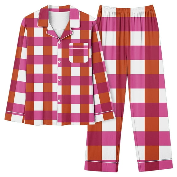 Nrmvnmi Pajamas Sets For Women Color Blocked Plaid Sleepwear Sets Flip Collar Long Sleeved Button Cardigan Tops And Elastic Waist Long Pants Comfortable Fall Loungewear Sets