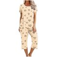 thumbnail image 1 of Nrmvnmi Pajamas Sets For Women Fashion Graphic Prints Sleepwear Sets Crew Neck Short Sleeve Pullover Tops And Elastic Waisted Capri Pants Comfortable Loungewear Sports Pajama Sets, 1 of 1