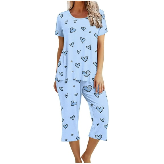 Nrmvnmi Pajamas Sets For Women Fashion Graphic Prints Sleepwear Sets Crew Neck Short Sleeve Pullover Tops And Elastic Waisted Capri Pants Comfortable Loungewear Sports Pajama Sets