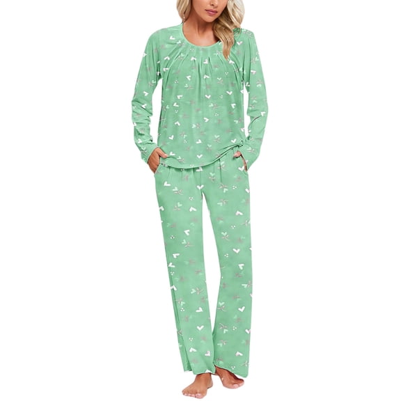 Nrmvnmi Pajamas Sets For Women Graphic Prints Sleepwear Sets Fold Crew Neck Long Sleeved Pullover Tops And Elastic Waist Long Pants With Pocket Comfortable Fall Loungewear Sets