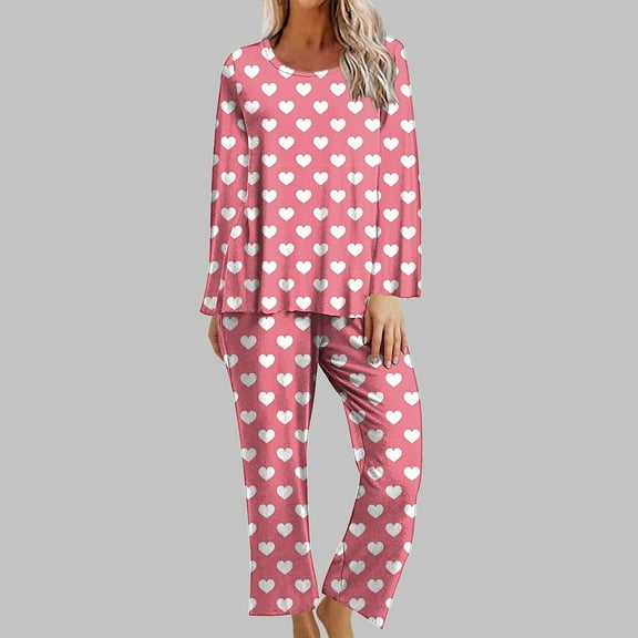 Nrmvnmi Pajamas Sets For Women Love Heart Graphic Prints Sleepwear Sets Crew Neck Long Sleeved Pullover Tops And Elastic Waist Long Pants Comfortable Fall Loungewear Sets