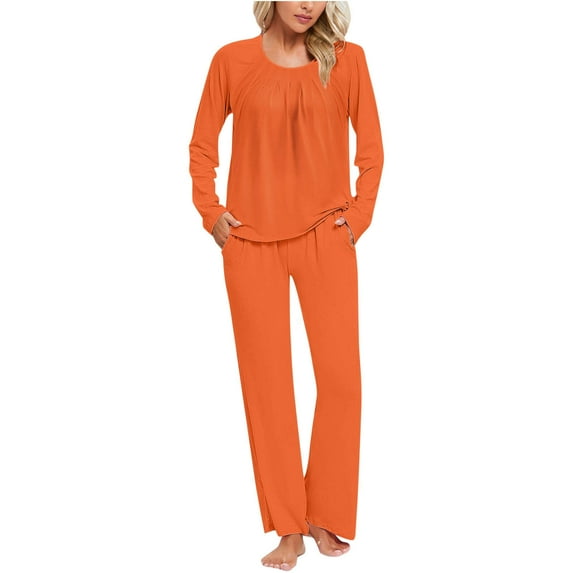 Nrmvnmi Pajamas Sets For Women Solid Color Sleepwear Sets Crew Neck Long Sleeve Pullover Tops And High Elastic Waist Pants With Pocket Soft Breathable Loungewear Nightwear Sets