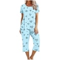 thumbnail image 1 of Nrmvnmi Pajamas Sets For Women Fashion Graphic Prints Sleepwear Sets Crew Neck Short Sleeve Pullover Tops And Elastic Waisted Capri Pants Comfortable Loungewear Sports Pajama Sets, 1 of 1