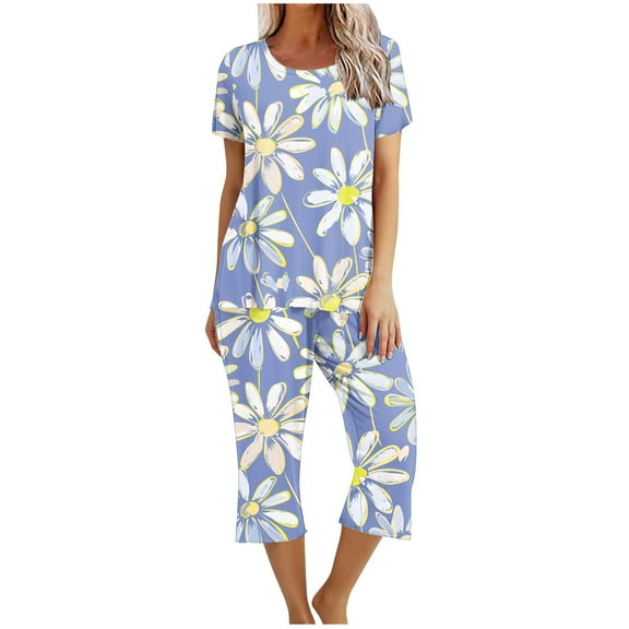 Nrmvnmi Pajamas Sets For Women Fashion Graphic Prints Sleepwear Sets Crew Neck Short Sleeve Pullover Tops And Elastic Waisted Capri Pants Comfortable Loungewear Sports Pajama Sets