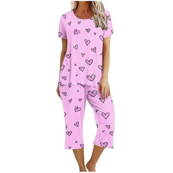 Nrmvnmi Pajamas Sets For Women Fashion Graphic Prints Sleepwear Sets Crew Neck Short Sleeve Pullover Tops And Elastic Waisted Capri Pants Comfortable Loungewear Sports Pajama Sets